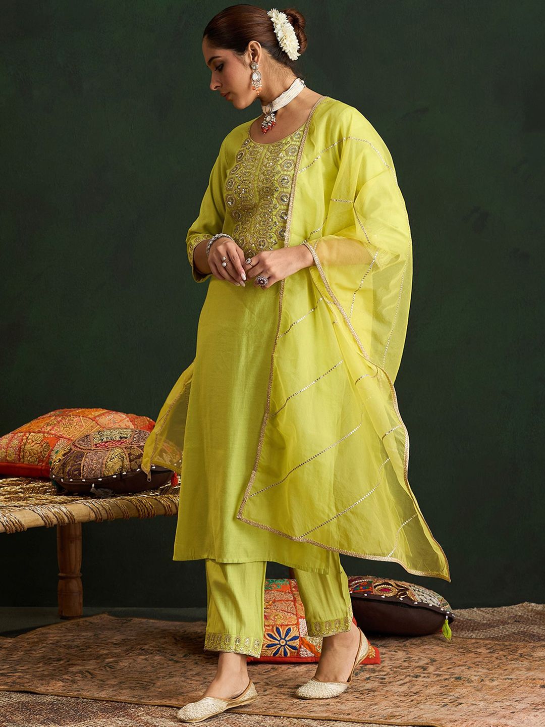 Women Embroidered Regular Liva Kurta with Trousers & With Dupatta