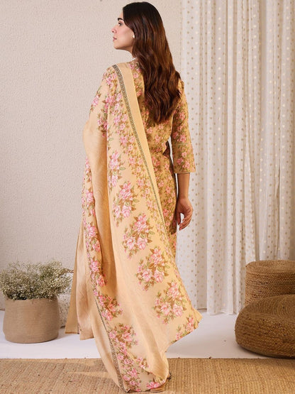 Floral Printed Straight Pure Cotton Kurta With Trousers & Dupatta