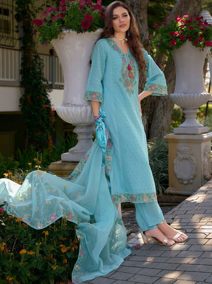 Women Floral Embroidered Regular Thread Work Pure Cotton Kurta with Trousers & With Dupatta