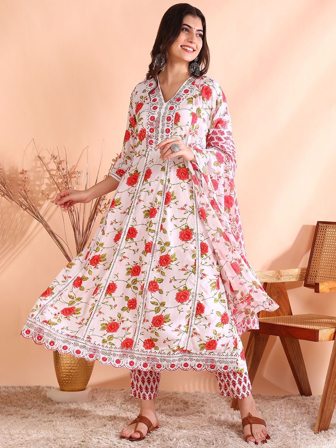 Dhiyona OD  Thread Work Pure Cotton Anarkali Kurta with Trousers & Dupatta