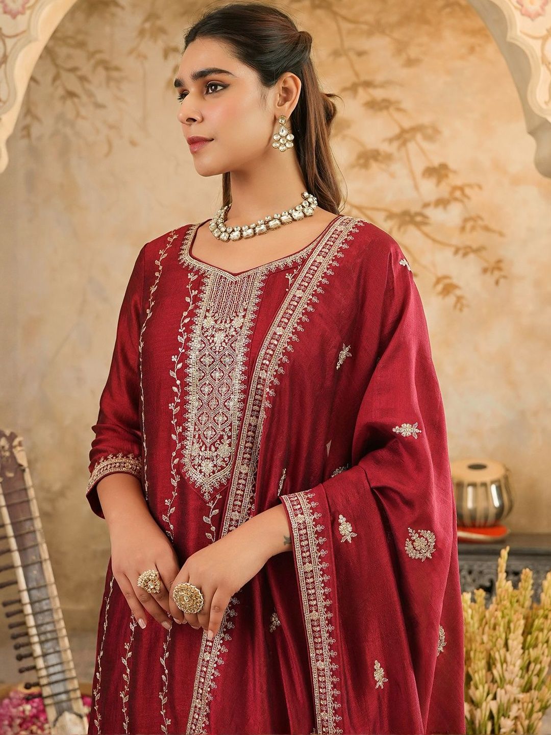 Women Ethnic Motifs Embroidered Regular Sequinned Kurta Set With Dupatta