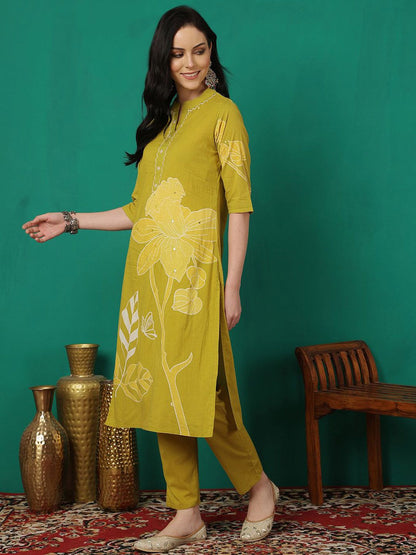 Dhiyona SN Women's Printed Pure Cotton Straight Kurta & Trouser With Dupatta