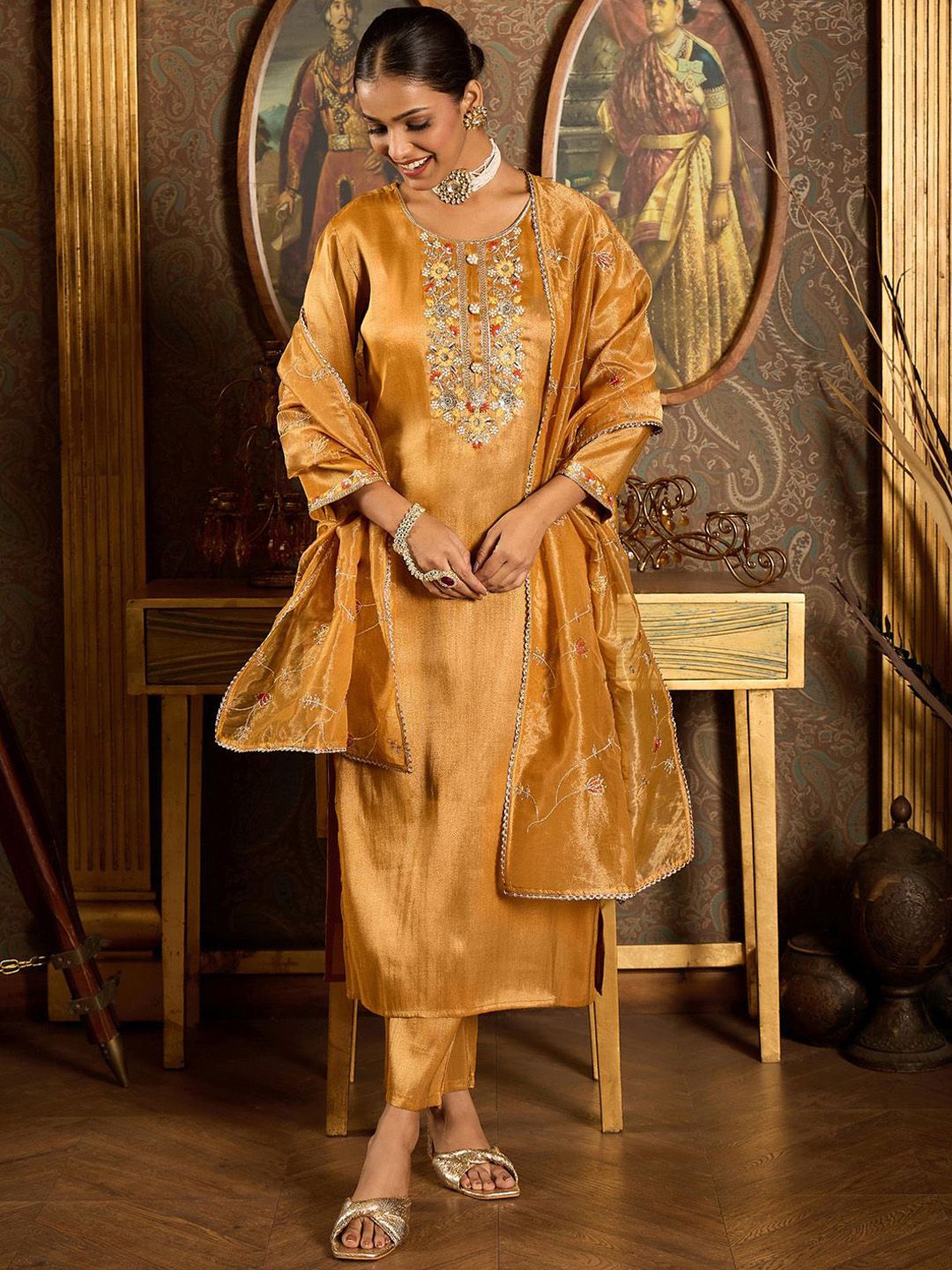 Dhiyona IE Floral Embroidered Thread Work Liva Straight Kurta with Trouser & Dupatta