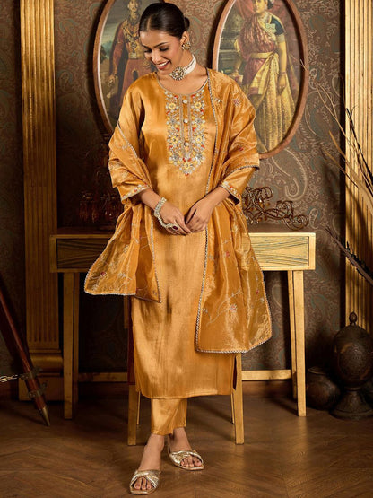 Dhiyona IE Floral Embroidered Thread Work Liva Straight Kurta with Trouser & Dupatta