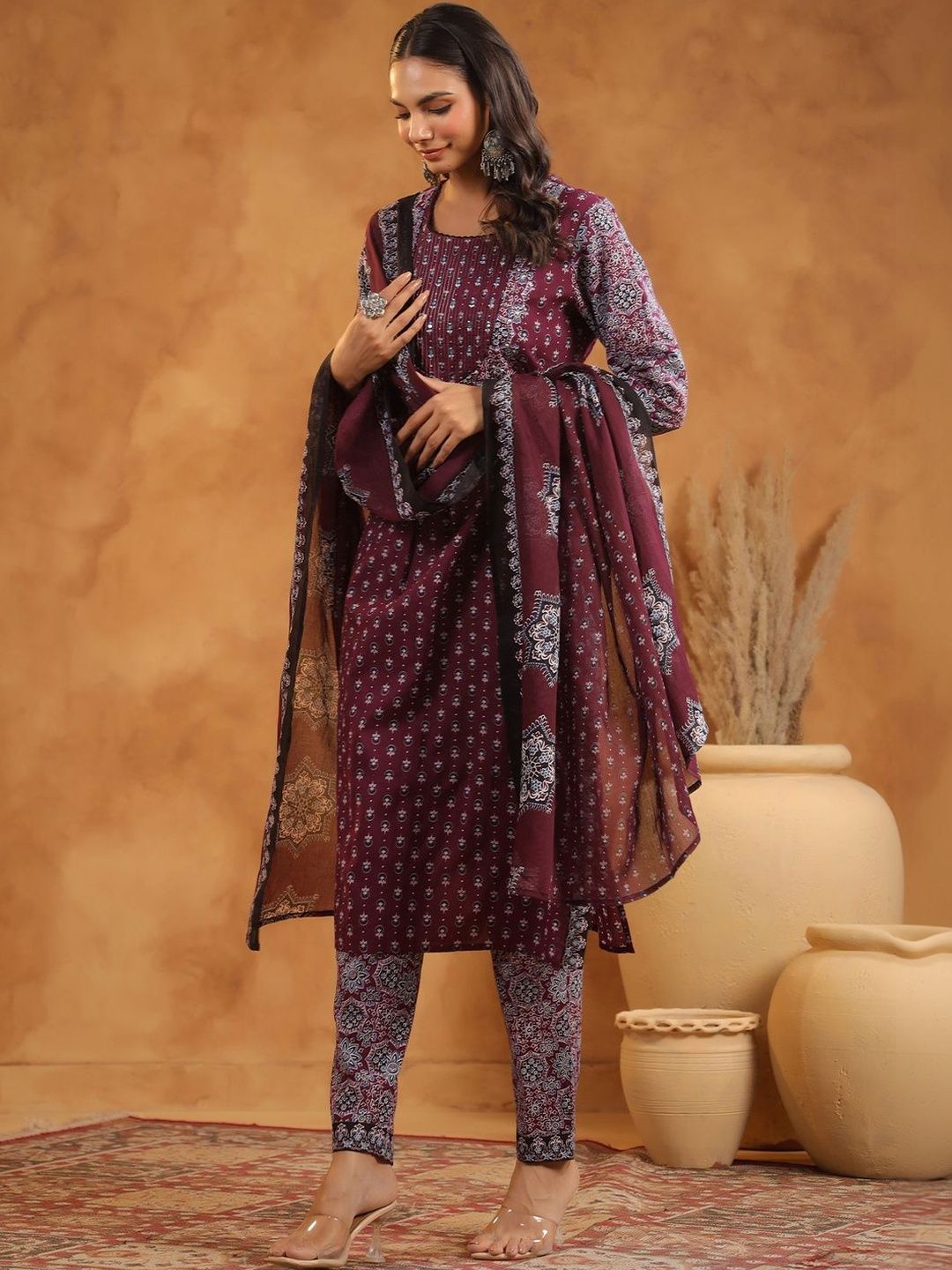 Women Ethnic Motifs Printed Regular Thread Work Pure Cotton Kurta with Trousers & With Dupatta