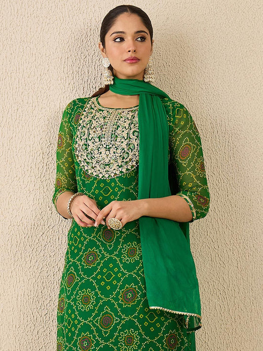 Dhiyona IE Women's Bandhani Printed Thread Work Straight Kurta With Trousers & Dupatta