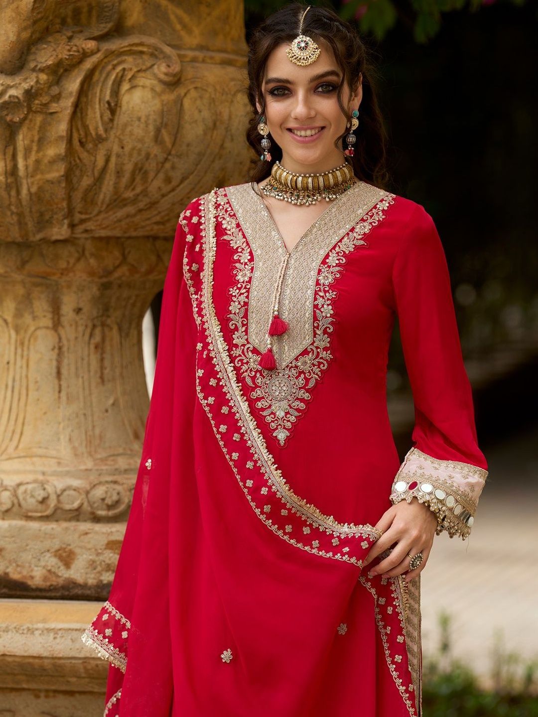 Ethnic Motifs Embroidered V-Neck Mirror Work Kurta With Trousers & Dupatta