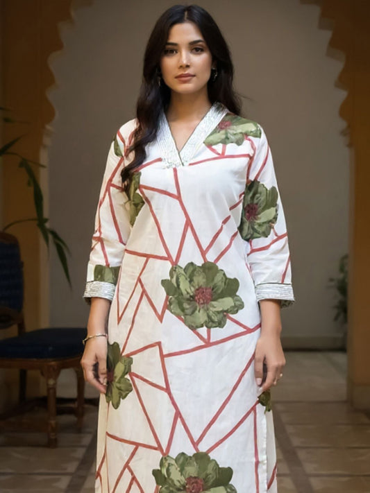 Dhiyona IE Women's Women Floral Printed Regular Thread Work Pure Cotton Kurta with Trousers