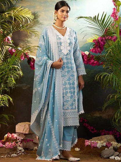 Ethnic Motifs Embroidered Chikankari Pure Cotton Kurta With Trouser & Dupatta