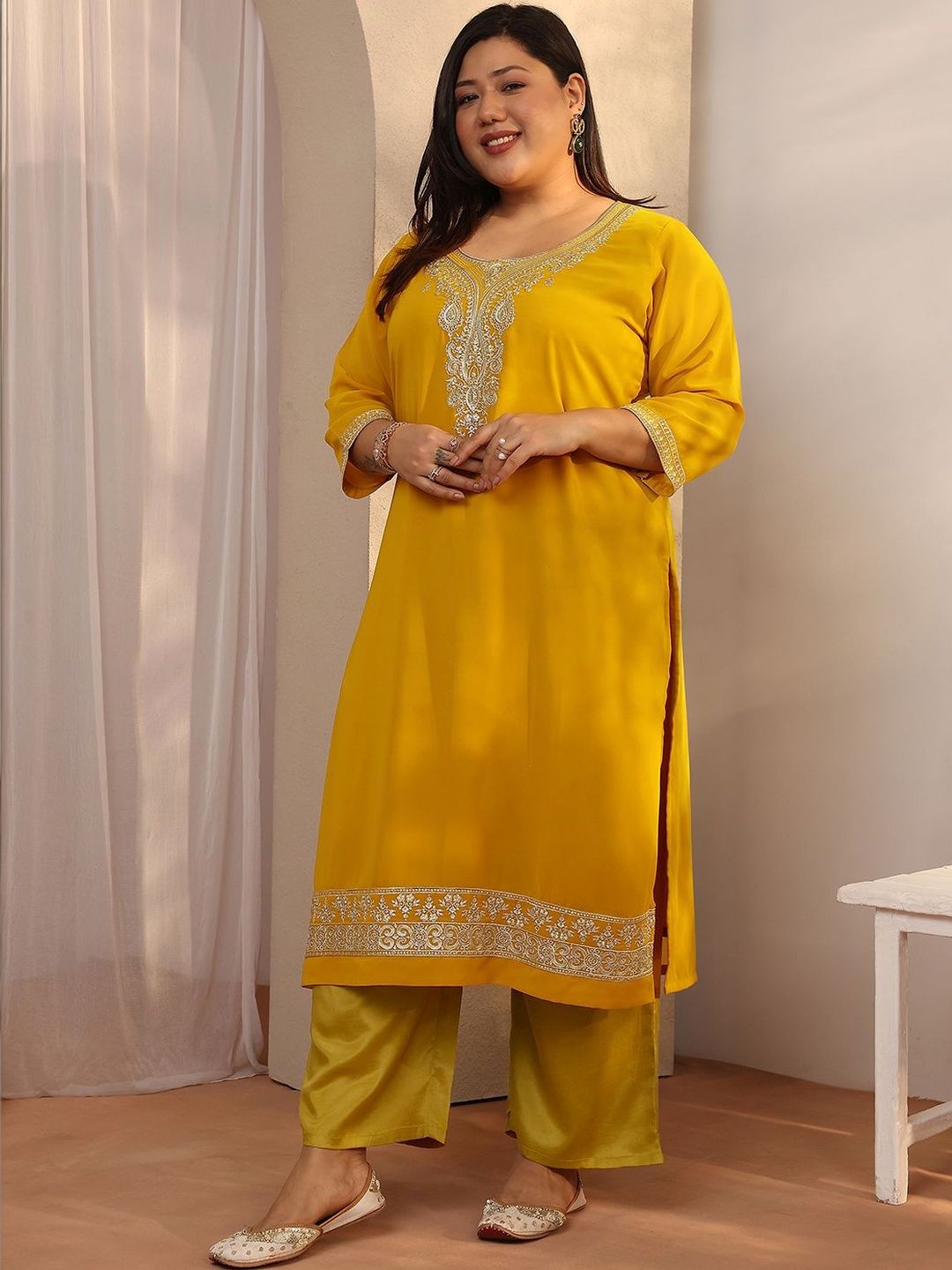 Dhiyona Women's Plus Size Ethnic Motifs Embroidered Kurta with Salwar & Dupatta