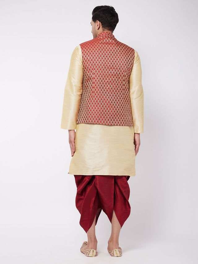 Men's Gold Silk Blend Straight Jacket  Kurta and Dhoti Set