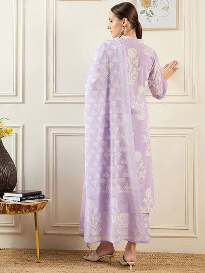 Dhiyona IE Floral Printed V-Neck Pure Cotton Straight Kurta With Trousers & Dupatta
