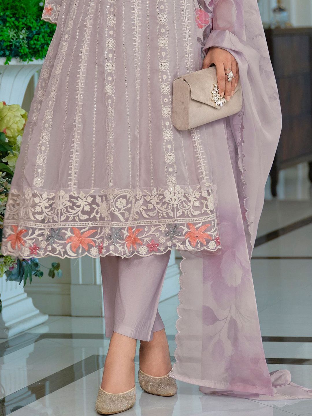 Adults-Women Woven Design Embroidered Anarkali Kurta with Trousers & Dupatta