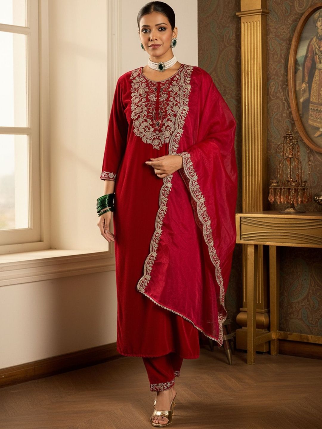 Embroidered Round Neck Thread Work Velvet Kurta With Trousers & Dupatta