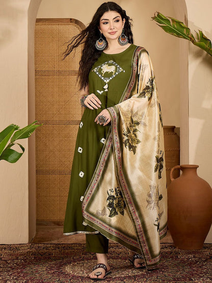 Dhiyona SN Women's Bandhani Printed Sleeveless Thread Work A-Line Kurta & Trousers With Dupatta