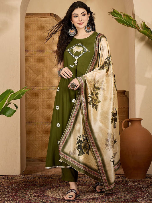 Dhiyona SN Women's Bandhani Printed Sleeveless Thread Work A-Line Kurta & Trousers With Dupatta