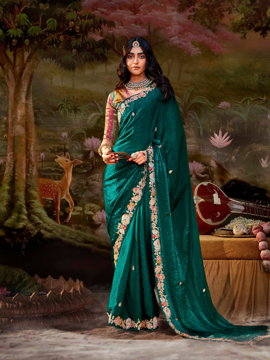 Dhiyona KM Women Forest Green Tissue Silk Saree With Embroidered Designer Blouse