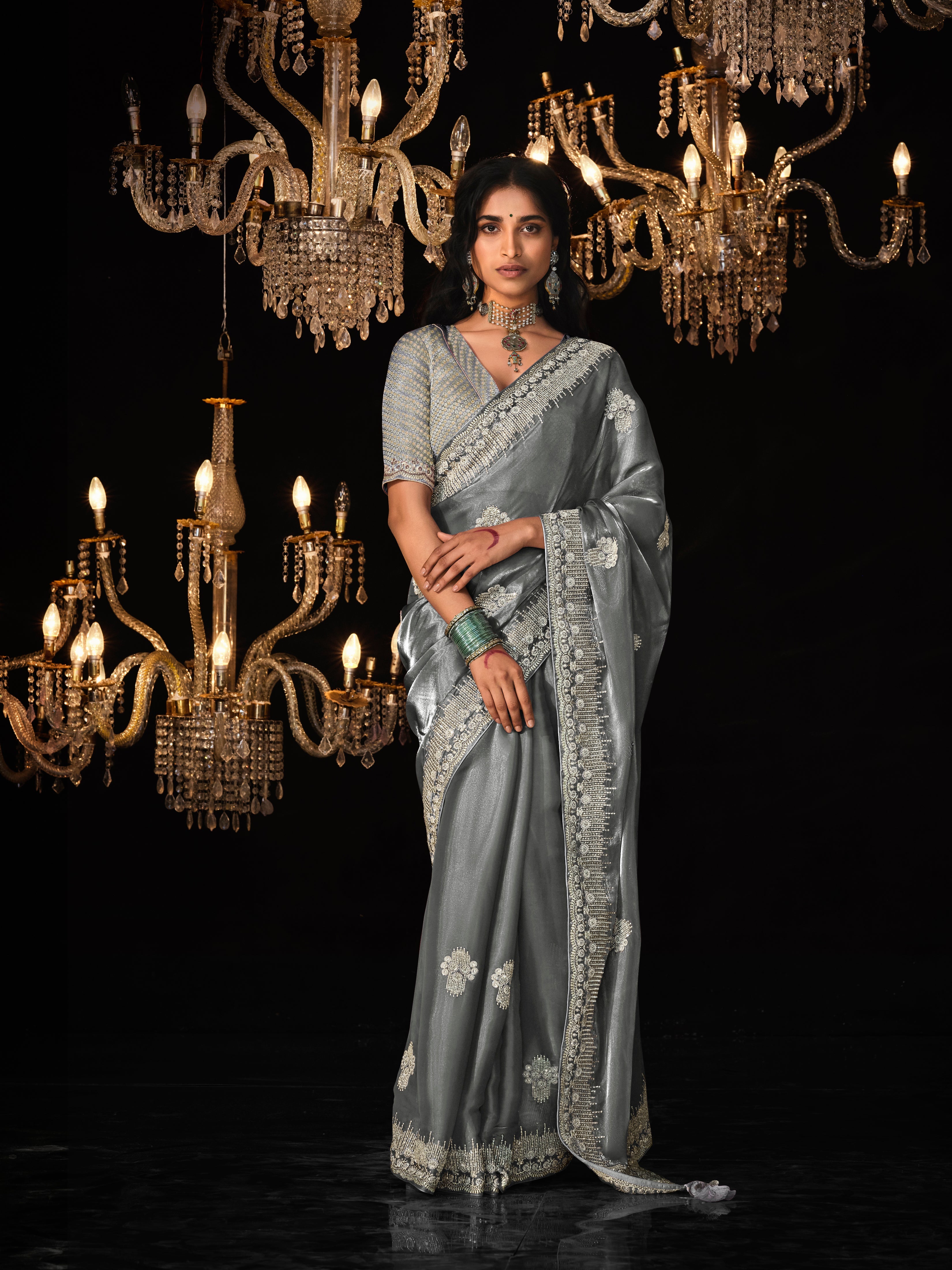 Dhiyona KM Women Graceful Grey Silk Saree With Intricate Silver Embroidery