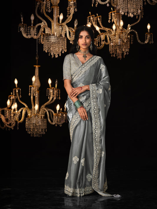 Dhiyona KM Women Graceful Grey Silk Saree With Intricate Silver Embroidery