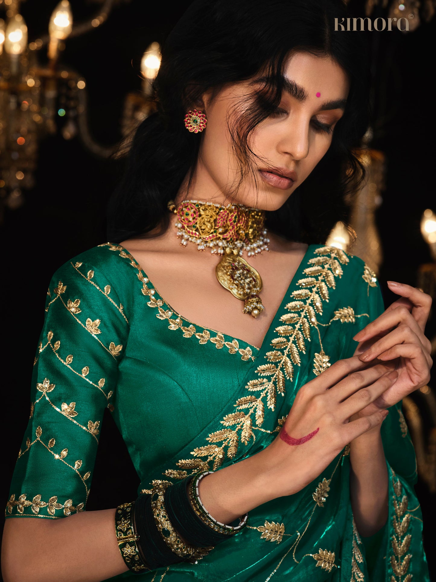Dhiyona KM Women Deep Green Saree With Silver Embroidery