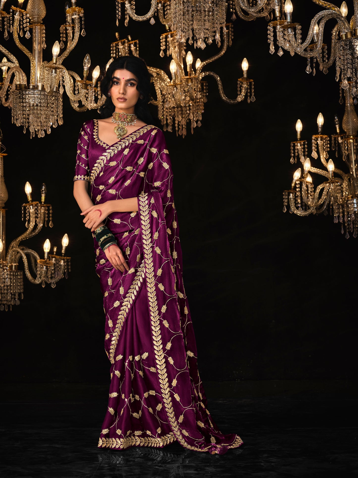 Dhiyona KM Women Regal Dreams In Violet-Wine Silk Saree With Gold Embroidery