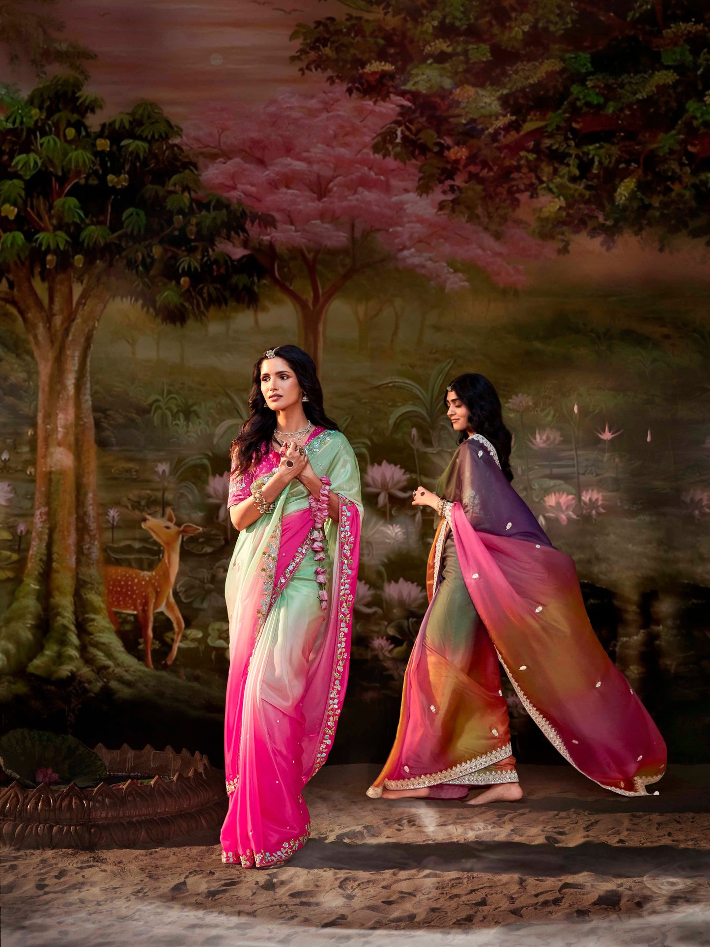 Dhiyona KM Women Multicolor Pure Tissue Silk Saree With Embroidered Designer Blouse