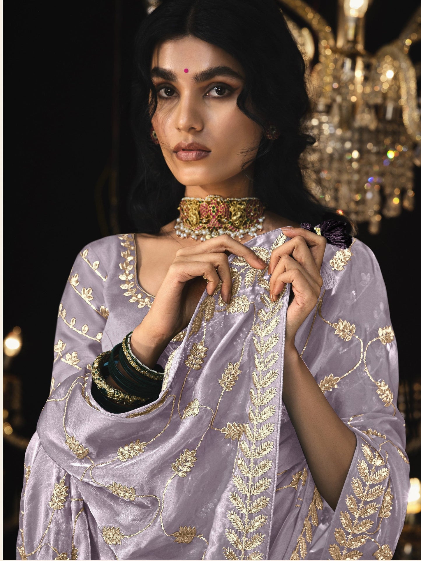 Dhiyona KM Women Lavender Saree With Elegant Silver Embroidery