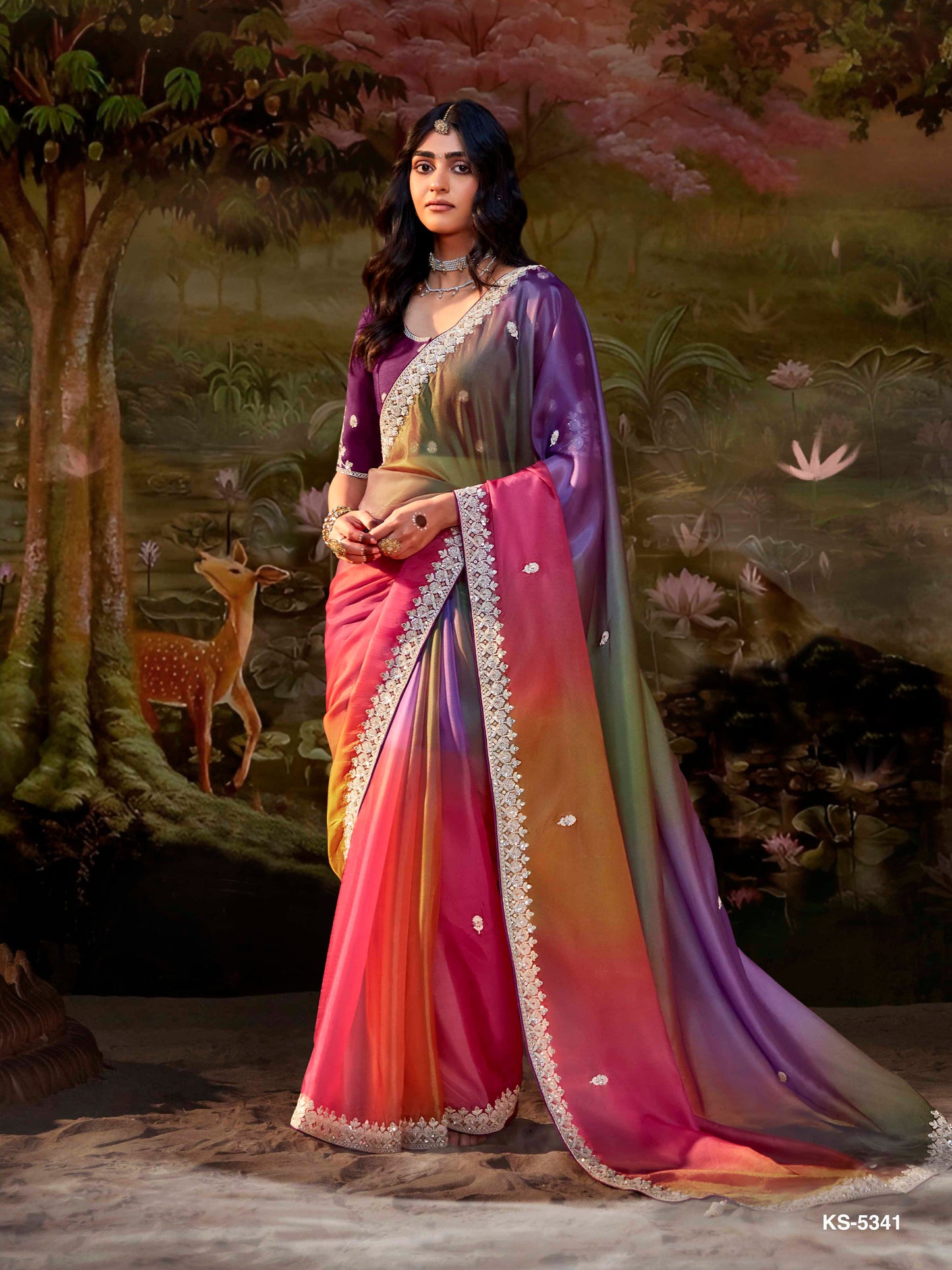 Dhiyona KM Women Multicolor Pure Tissue Silk Saree With Embroidered Designer Blouse