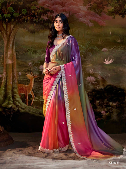Dhiyona KM Women Multicolor Pure Tissue Silk Saree With Embroidered Designer Blouse