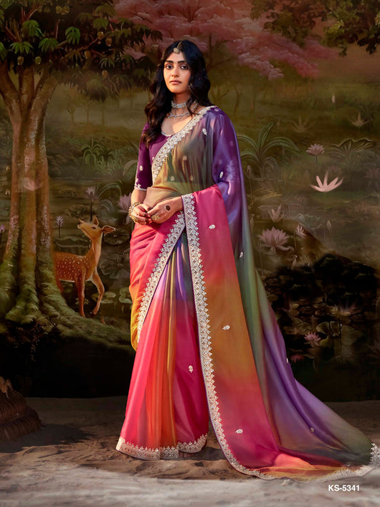 Dhiyona KM Women Multicolor Pure Tissue Silk Saree With Embroidered Designer Blouse