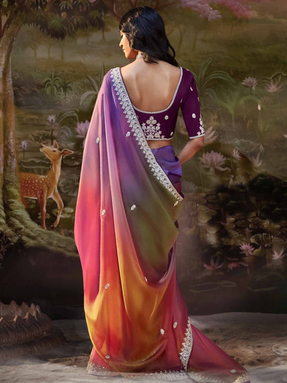Dhiyona KM Women Multicolor Pure Tissue Silk Saree With Embroidered Designer Blouse