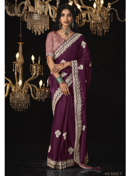 Dhiyona KM Women Purple Silk Saree With Intricate Silver Zari Embroidery - Kimora Exclusive