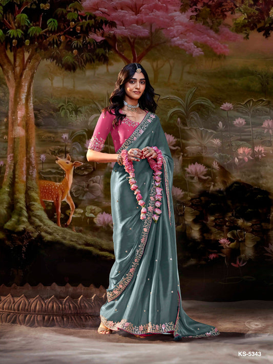 Dhiyona KM Women Teal Embroidered Designer Silk Saree With Pink Blouse