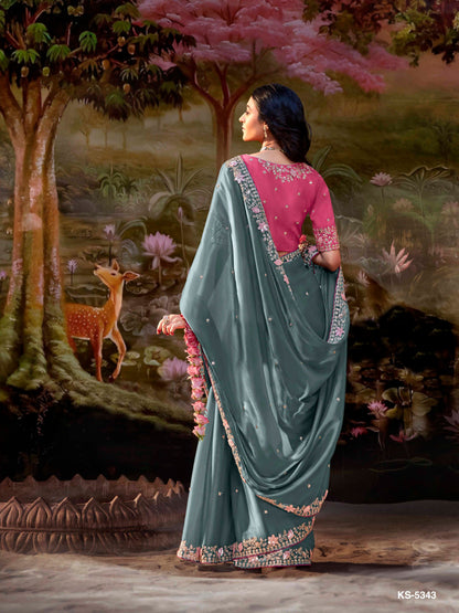 Dhiyona KM Women Teal Embroidered Designer Silk Saree With Pink Blouse