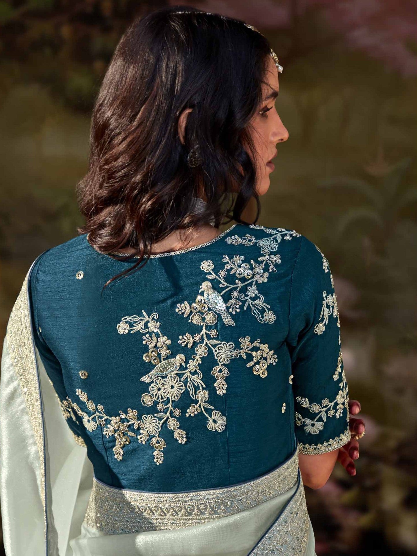 Dhiyona KM Women Sea Green Glass Tissue Organza Saree