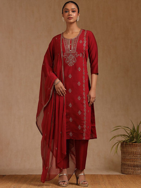 Dhiyona SO Women's Floral Embroidered Sequinned Straight Kurta with Trouser & Dupatta