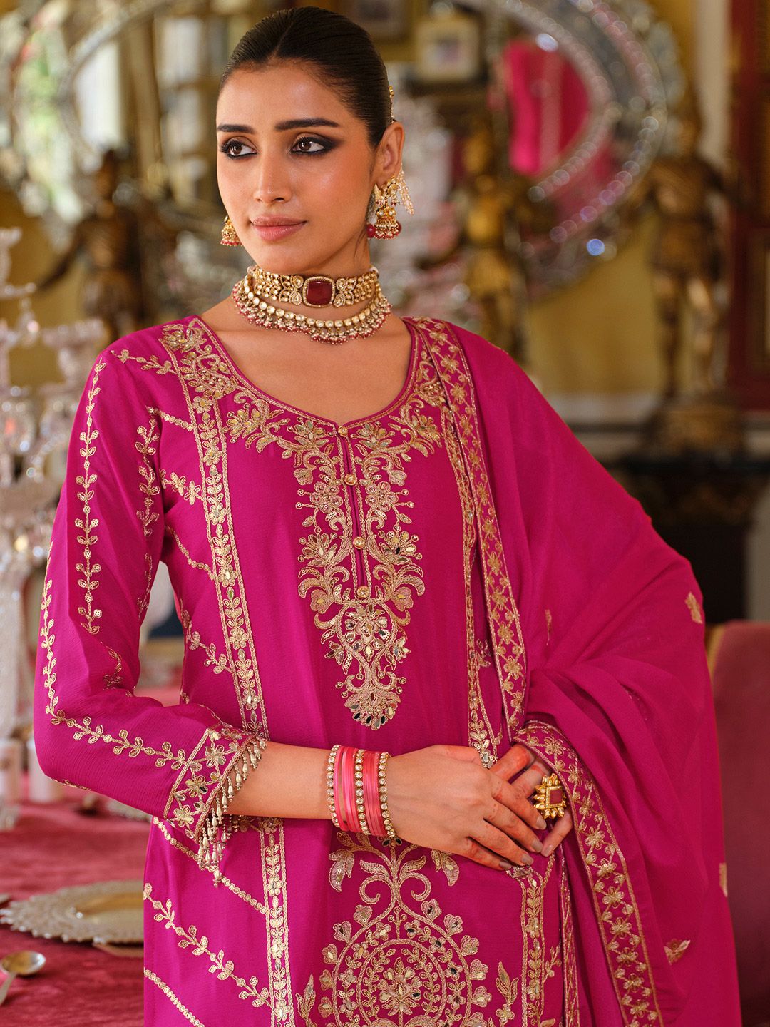 Women Ethnic Motifs Embroidered Regular Mirror Work Kurta & Palazzos With Dupatta