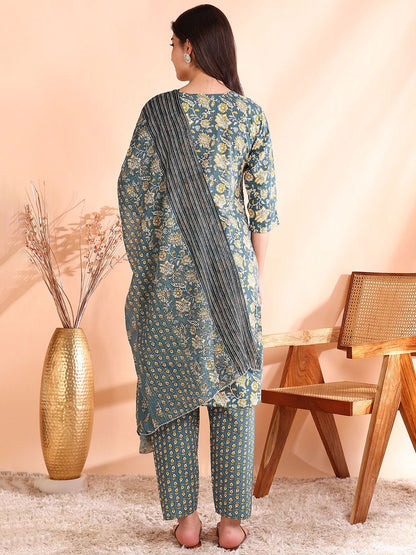 Dhiyona OD  Printed Mirror Work Pure Cotton Kurta With Trousers & Dupatta