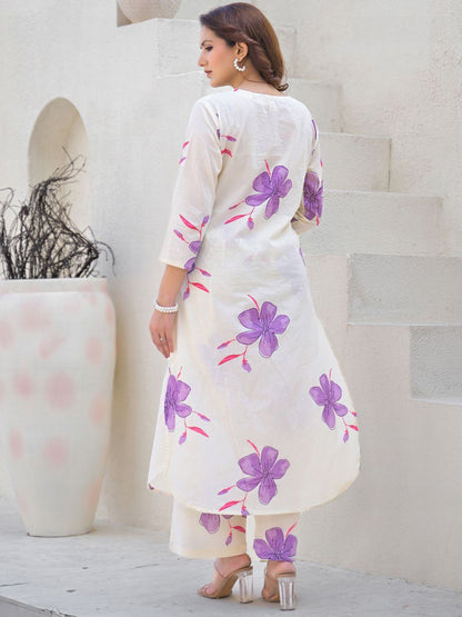 Floral Printed Round Neck Pleated Pure Cotton A-Line Kurta With Palazzos