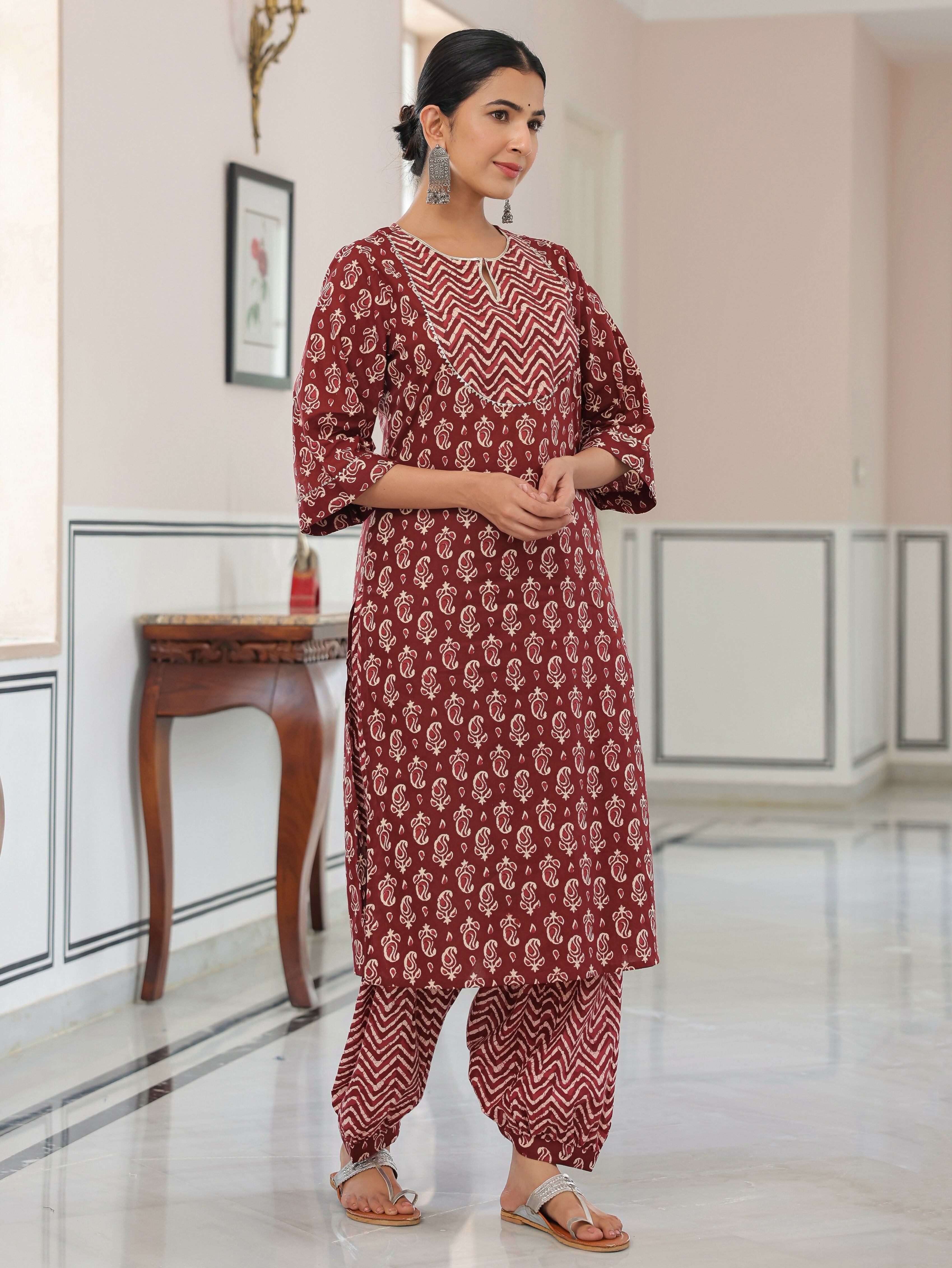 Women's Straight Soft Cotton Block Print Women's Kurta - Brown