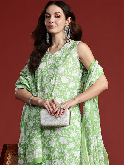 Women Floral Printed Regular Pure Cotton Kurta with Trousers & With Dupatta