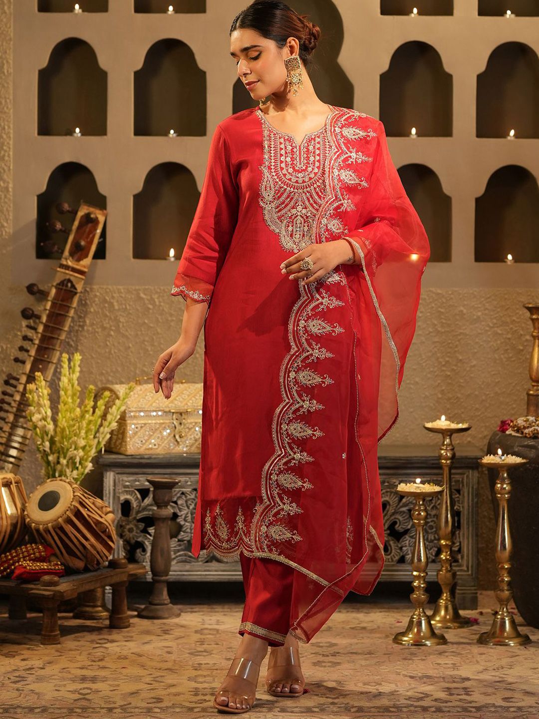 Dhiyona IE Women's Women Ethnic Motifs Embroidered Regular Liva Kurta with Trousers & With Dupatta