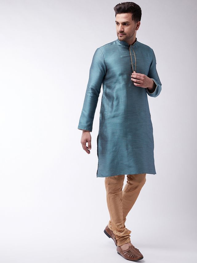 Men's Aqua Silk Blend Straight Kurta Pyjama Set