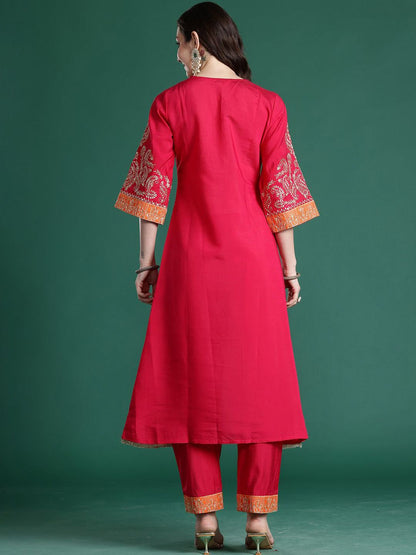 Dhiyona IE Embroidered Round Neck A-Line Top With Trousers Co-Ords Set