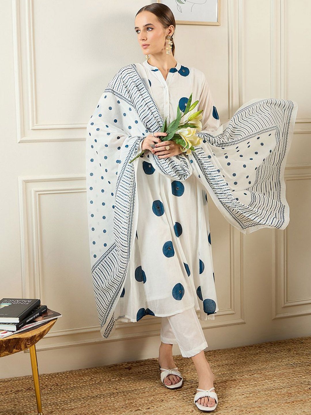 Dhiyona IE Geometric Printed Band Collar Pure Cotton A-Line Kurta with Trousers & Dupatta