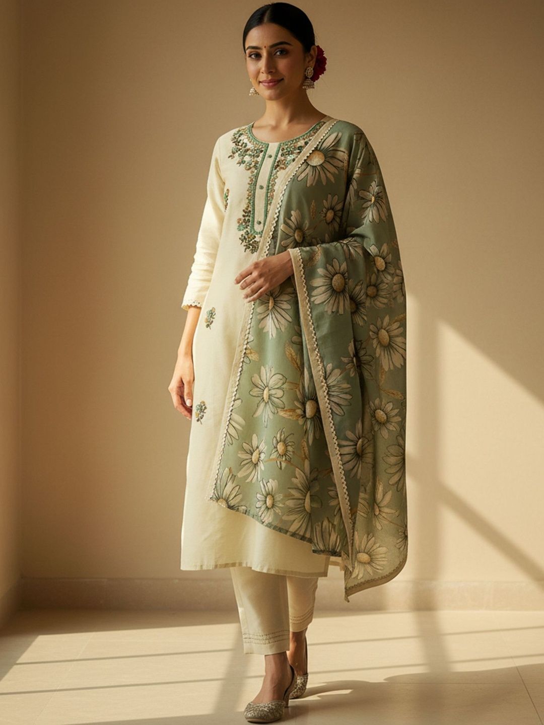 Floral Embroidered Regular Thread Work Kurta With Trousers & Dupatta