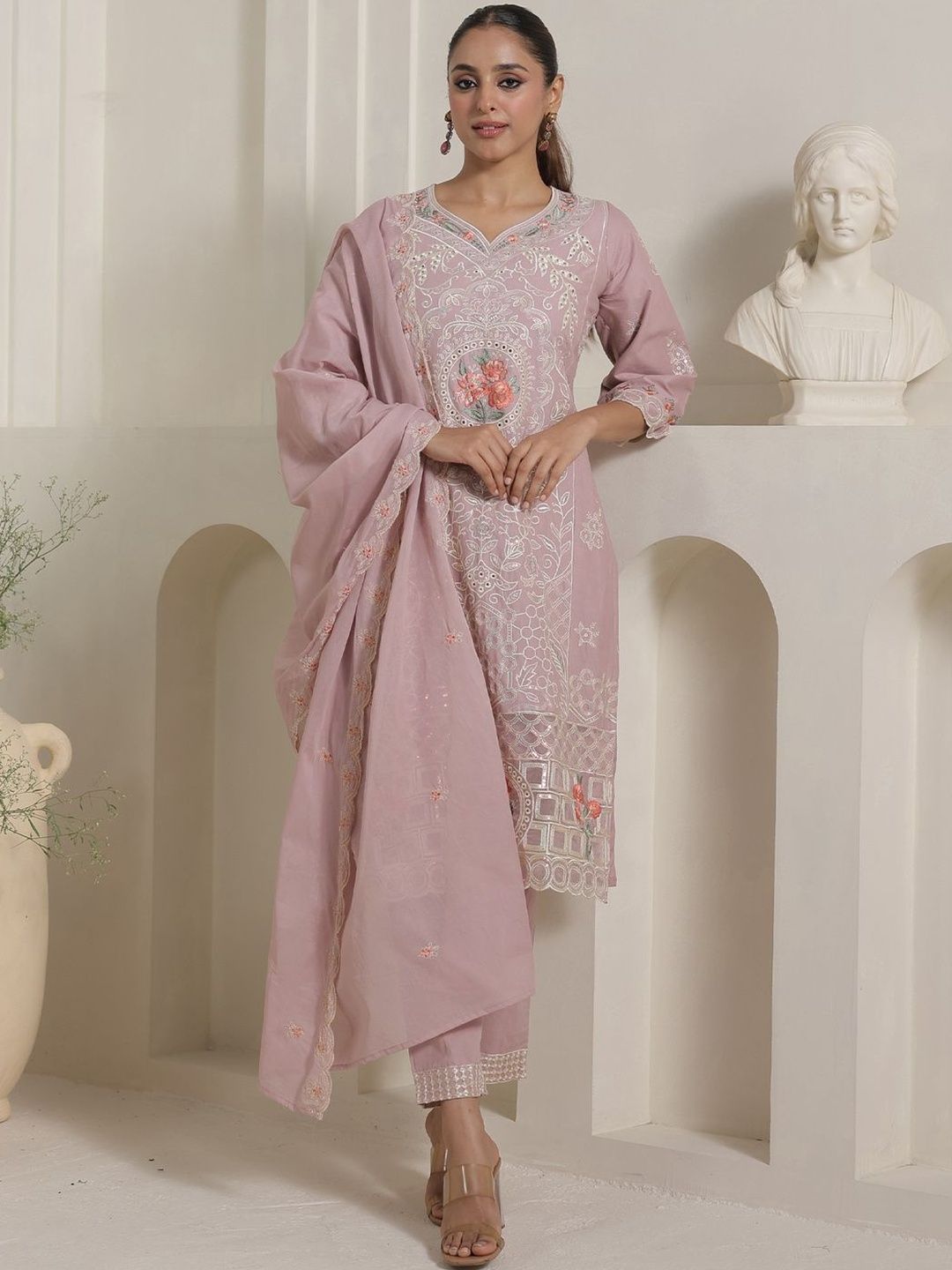 Women Floral Embroidered Cotton Kurta with Trousers & Dupatta