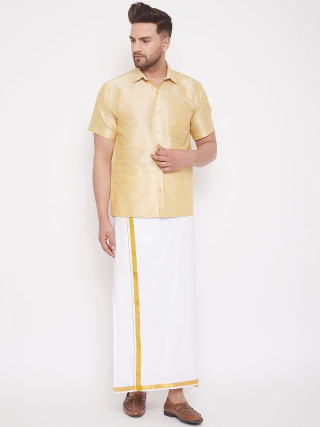 Men's Gold Silk Blend Straight Shirt And Mundu