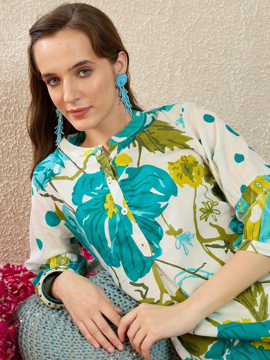 Dhiyona IE Printed Mandarin Collar Three-Quarter Sleeves Pure Cotton Tunic And Trousers