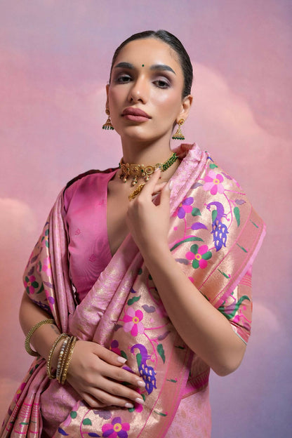 Women Paithani Vani Baby Pink Saree With Unstiched Blouse